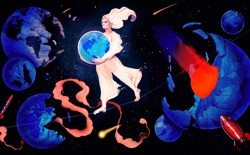 A person holds a globe against a background of Earths hit by meteors, crumbling, and colliding with rockets.
